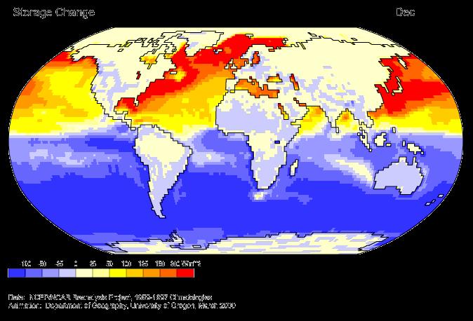 Distribuição geográfica do balanço de calor Animação de Q com base na reanálise