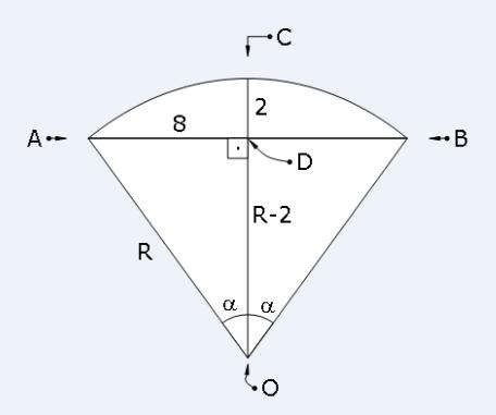 1 Temos um arco de circunferência ACB e dois triângulos retângulos ADO BDO Assim, aplicando o teorema de Pitágoras ao triângulo AOD temos, R 8 ( R ) ou 4R 68, e portanto teremos R 17m No mesmo