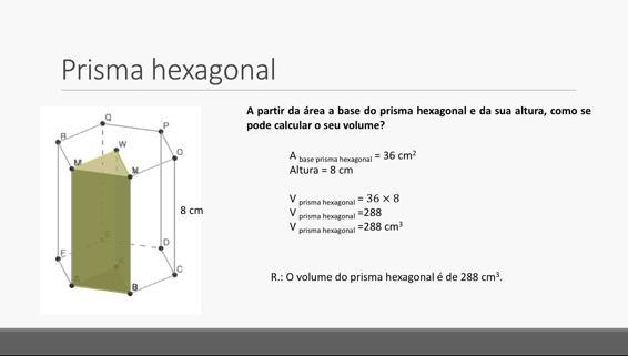 Projeta-se o diapositivo 6 onde se apresentam os cálculos para determinar o volume do prisma hexagonal tendo em consideração a decomposição em prismas triangulares.