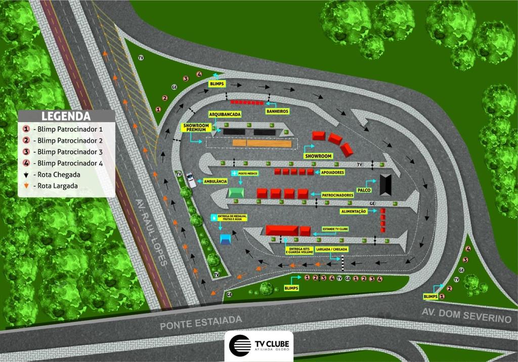 CROQUI ARENA DE LARGADA/CHEGADA O local da área de largada/chegada do circuito Clube de Corridas: etapa Teresina, acontecerá no estacionamento da ponte estaiada.