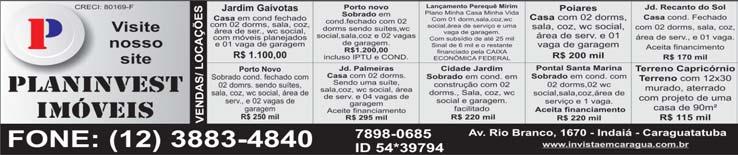 : com piscina, salão de festa, 01 vaga, 02 dorm., com aluguel, cond e iptu por R$ 1.300,00 Kitinete: recém construído, tudo individual, 01 vaga de garagem. Aluguel + Iptu R$ 700 - Tel.