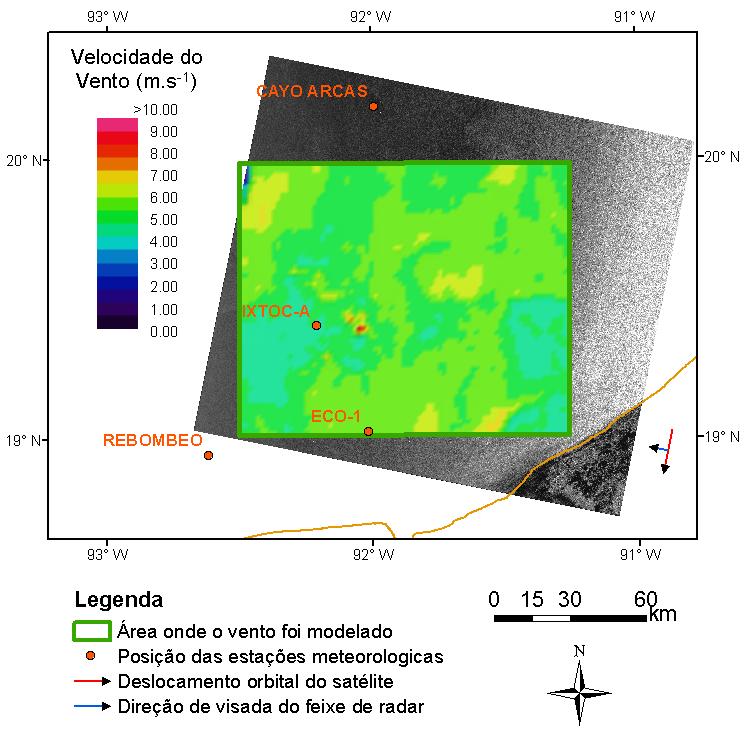 Comparado aos dados de velocidade do QuikSCAT, apresentou coeficiente de correlação de -0,15 e RMS = 1,98 m.s -1. Os resultados da comparação pontual com as medidas in situ fo ram: IXTOC-A = 2,7 m.