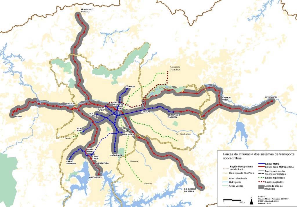 Figura 1: Sistema de Transporte sobre Trilhos da Região Metropolitana de São Paulo faixas de influência ao longo das linhas implantadas e em obras Linha Hipotética Brás Vila Maria Guarulhos Partiria