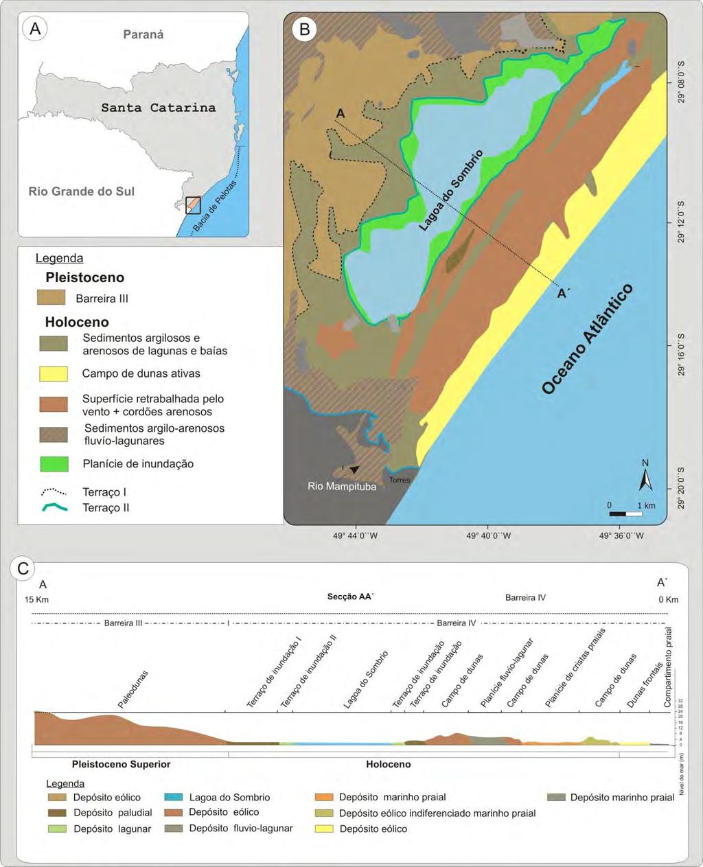 7 Figura I.2: A-C. Geologia da região de estudo. A. Mapa de localização; B. Mapa geológico da região modificado de Martin et al.