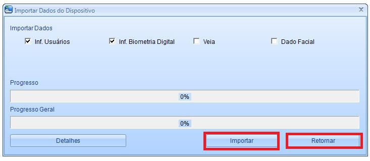 7. Na nova tela, selecione as informações que se deseja importar e na sequência clique sobre o botão Importar e acompanhe o progresso das informações.