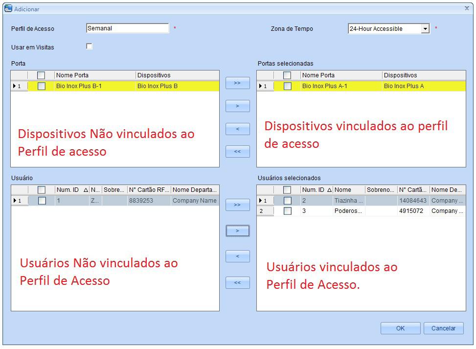 2. Na nova tela, entre com o nome do novo perfil de acesso a ser criado e utilizando as setas centrais de navegação, adicione os dispositivos e usuários que farão parte do perfil de acesso em