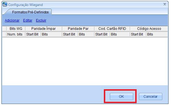 Nesta nova tela, é possível entrar com todos os parâmetros em bits que se referem à taxa de comunicação Wiegand e em seguida, confirmá-los clicando em Ok.