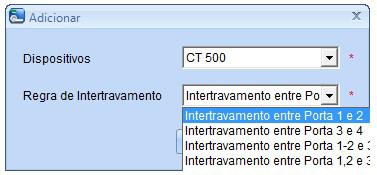 2. Na nova tela, selecione a controladora que estará configurada para o intertravamento no campo Dispositivos e selecione uma das opções para a Regra de Intertravamento; Configurando intertravamento