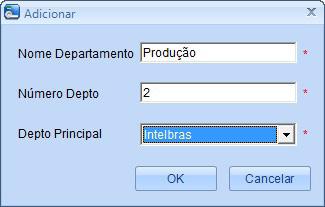 2. Na nova tela, altere o nome do departamento e deixe o campo Depto principal em branco (----). Neste campo será feito o vínculo dos demais departamentos criados posteriormente.