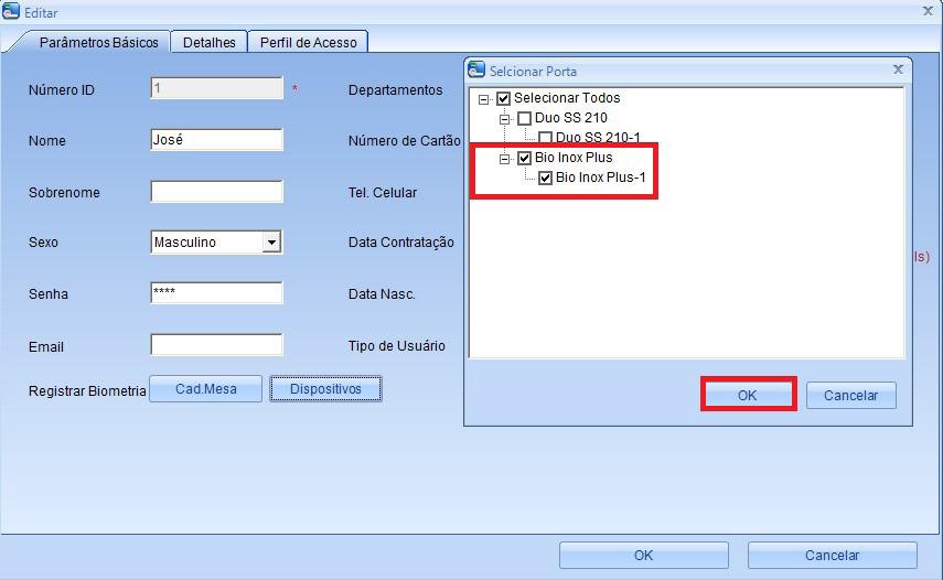 7. Clicando na opção Dispositivos, selecione o dispositivo que será utilizado para registrar a biometria e clique em