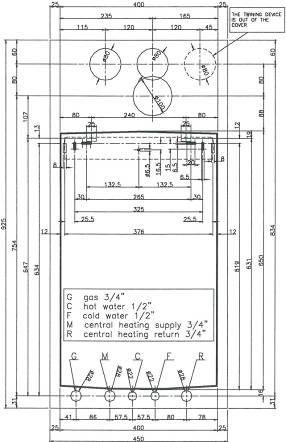 2.2 Instalação da Caldeira Seguir as seguintes instruções: Tendo considerado as dimensões da caldeira, fixar a placa de instalação com dois parafusos; Fazer dois buracos na placa de instalação para