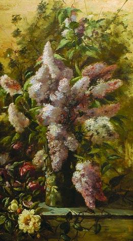 120 120 JOSEFA GRENO - 1850-1902 "Natureza morta - Jarra com flores", óleo sobre tela, assinado Dim. - 100 x 58 cm 7.000-10.