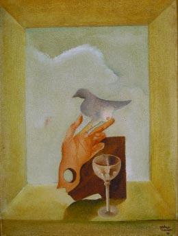 124 125 124 ANTÓNIO PEDRO - 1907-1966 "Mão, pomba e copo de vinho", óleo