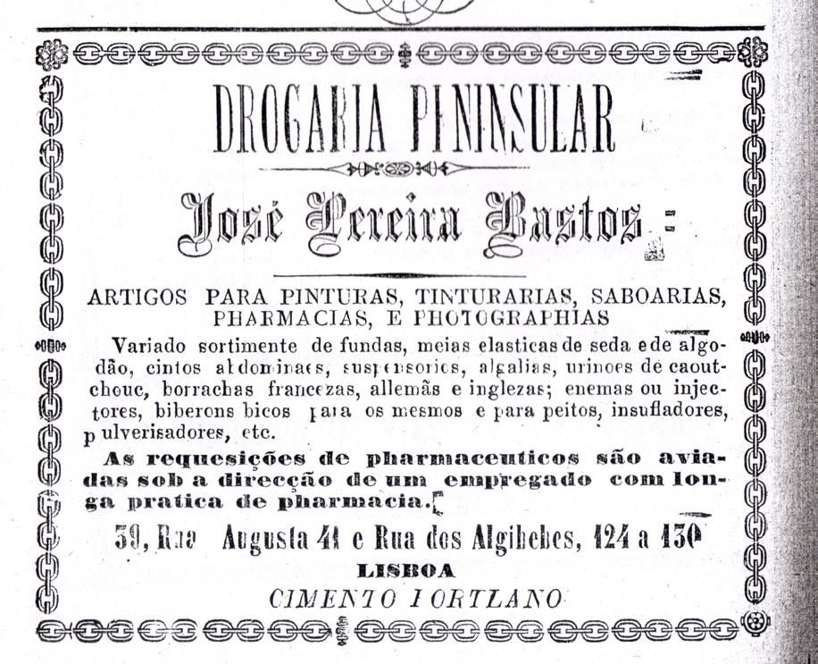 Figura 4.1 Anúncio publicitário da Drogaria Peninsular, 1888, em: Campos, 1888: 396. medicina ou farmácia, alguns anúncios, mais específicos, permitiram identificar outros ramos do comércio.