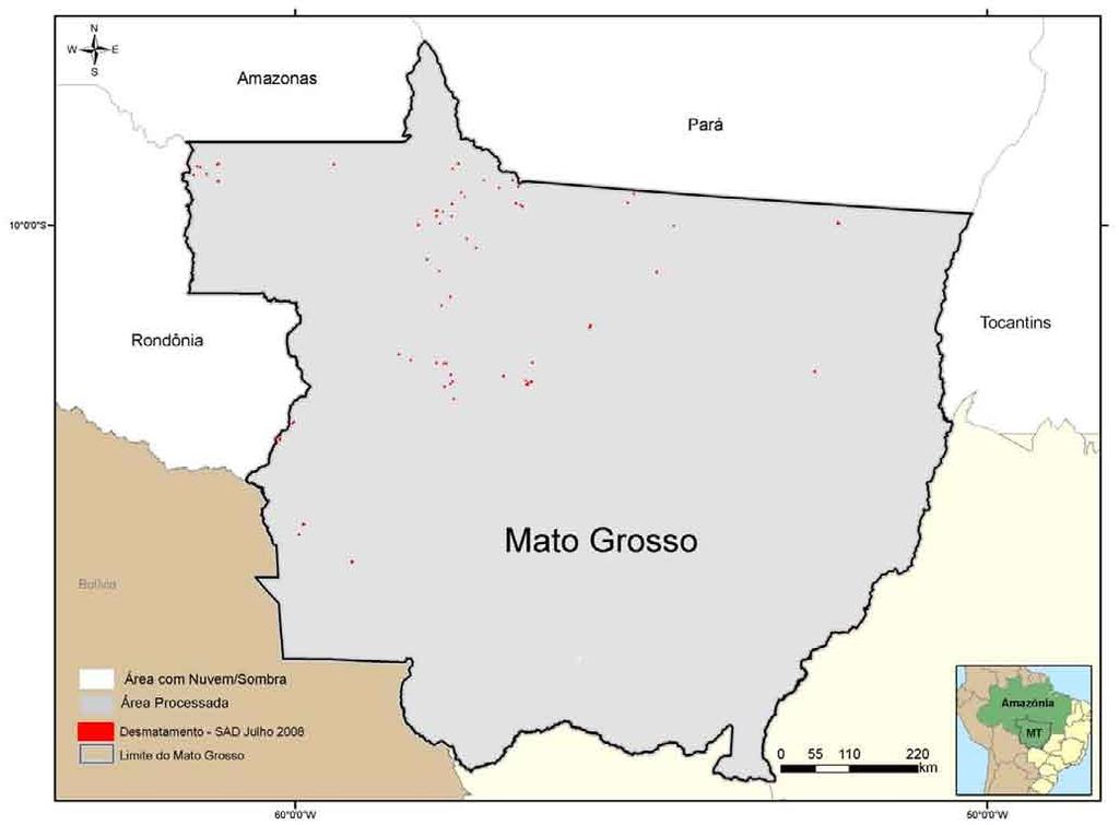 Sobre Nuvens e Sombras. O Sistema de Alerta Desmatamento processou uma área livre de nuvem/sombra correspondente a 100% em todo o estado de Mato Grosso em julho de 2008, Figura 7.