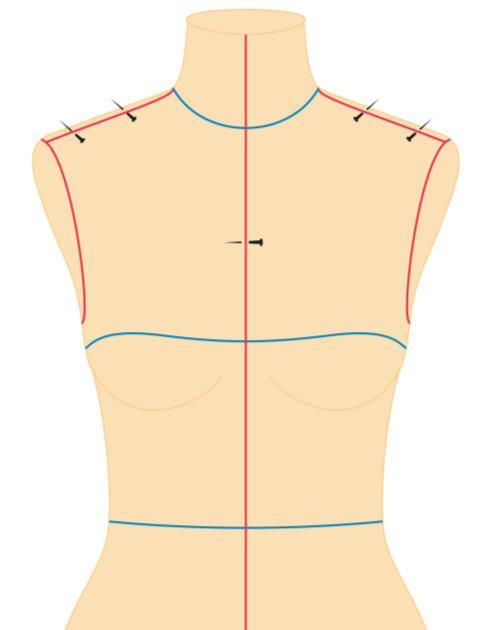 4. Marcar nos ombros da frente (direto e esquerdo), a largura do ombro da blusa com alfinetes. Figura 89: Marcação do Modelo no Manequim. 17.2.2 Preparação do Tecido (FIGURA 90) 1.