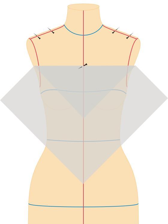 4. Virar uma ponta do tecido, com profundidade suficiente para chegar dos alfinetes que marcam o ombro, no alfinete que marca a parte central do decote (FIGURA 91). Figura 91: Preparação do Tecido. 5.