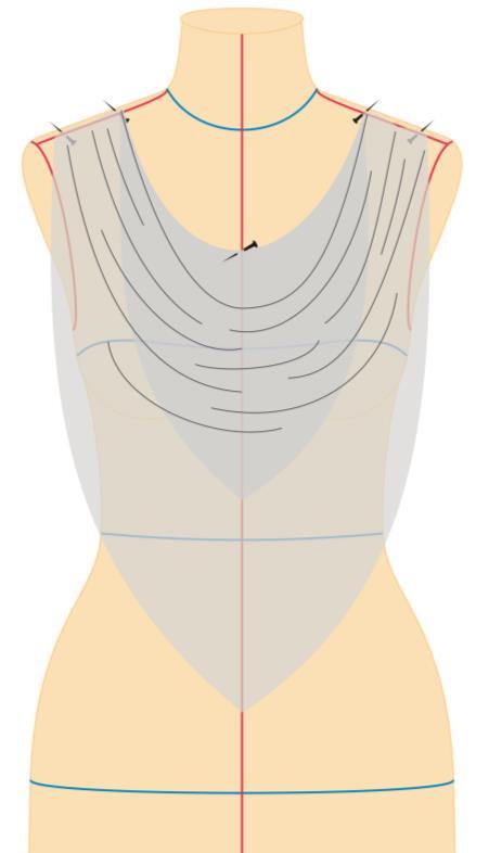 17.2.3 Execução da Frente (FIGURA 93) 1. Colocar o tecido com a borda virada sobre a forma do corpo. O fio do viés tem que ser posicionado na linha central do fio reto.