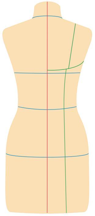 Marcar a linha central da frente. Para a lateral cortar o tecido e marcar o fio reto. Identificar as linhas do quadril, cintura e busto. 4.