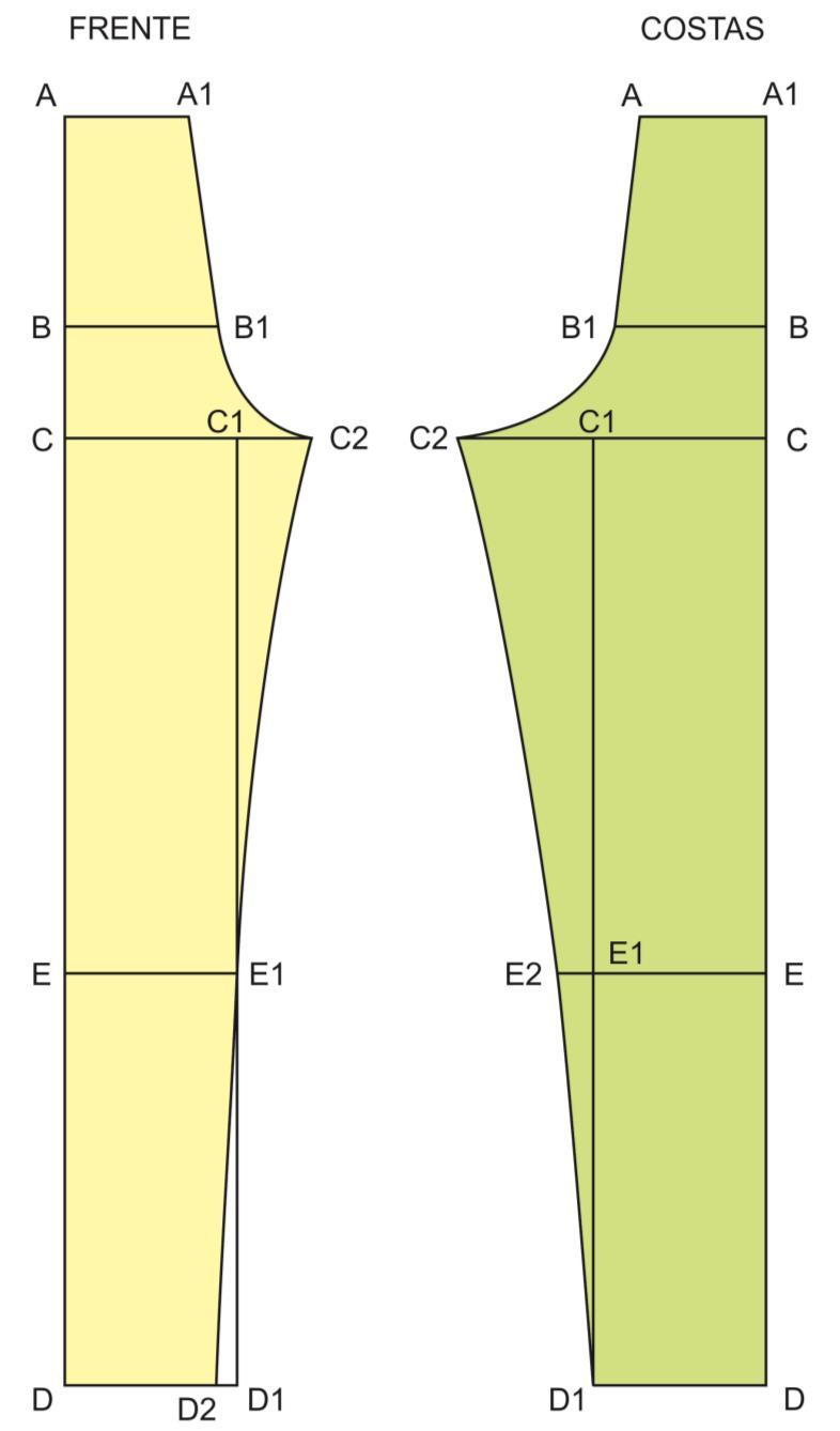 19. CALÇA Diagrama da Calça (FIGURA 108) Figura 108: Diagrama Calça. Fonte: Desenvolvido pela Autora, 2013. 17.1 FRENTE (medidas do tamanho 38, 40 e 42 para exemplo) 1.