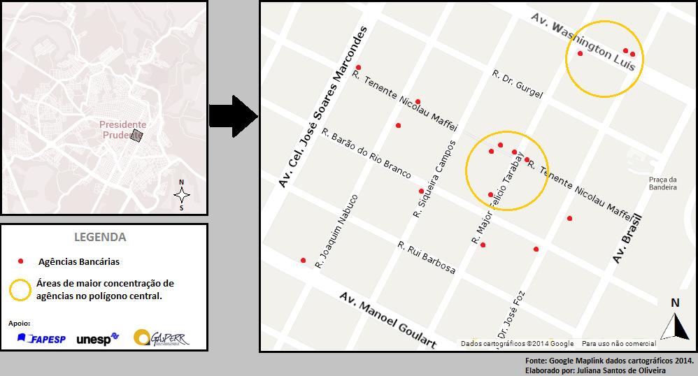 Nota metodológica: Como critério de delimitação das áreas de maior concentração de equipamentos bancários, traçamos um circulo que