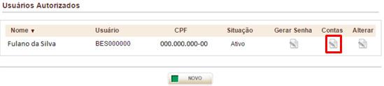 Manutenção de contas Para incluir e remover contas de um usuário autorizado, como também definir suas permissões, clique no botão do item desejado,