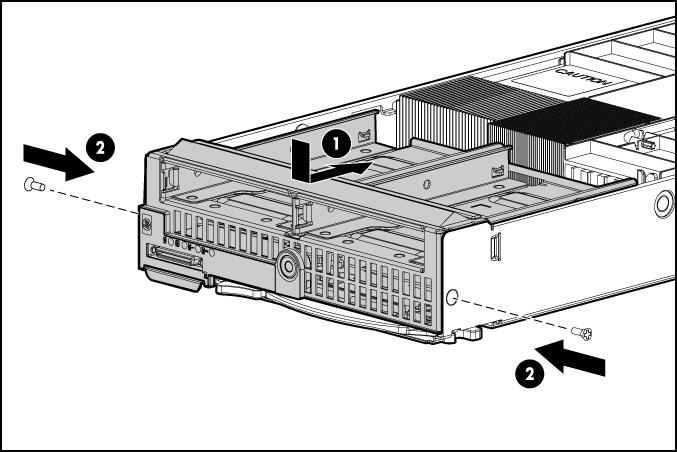 12. Instale os dois parafusos T-15 para prender a montagem do compartimento do disco rígido/ painel frontal no chassi. 13. Instale a placa de extensão traseira da unidade de disco rígido.
