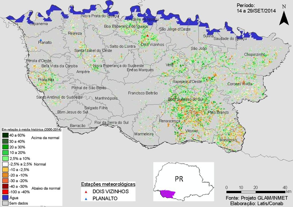 Gráfico 10 Quantificação de áreas agrícolas pelo valor do IV Gráfico 11 Evolução temporal do desenvolvimento das lavouras As tabelas dos gráficos acima mostram que a atual safra tem 2,2% a mais que a