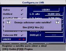 Entrando no menu principal por meio da tecla M e passando pelo submenu "Instalação" seleccionado por meio das teclas ou e O (mais palavra-passe) - chega à "Configuração do LNB".