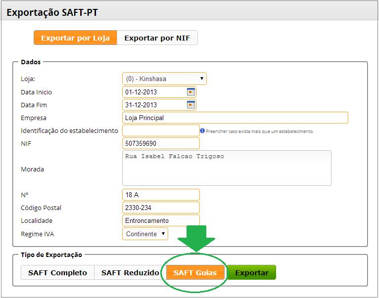 18 Comunicação das Guias via SAFT Clique no botão Documentos e selecione no menu as opções SAFT-PT e Exportação.