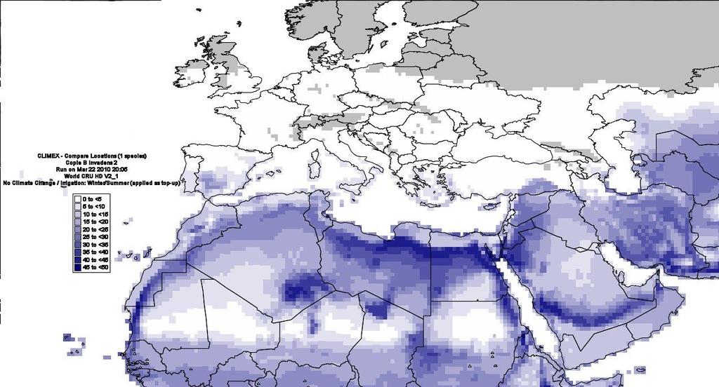 Mediterrânica (EPPO, 2010b). Os resultados da simulação obtida relativos ao índice de crescimento de B. dorsalis, para um cenário com irrigação, para a bacia Mediterrânica do programa CLIMEX (Fig. 6.