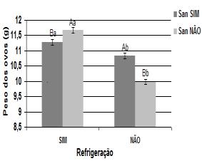 Os ovos sanitizados apresentaram maior peso (p<0,05) quando não foram inoculados (Figura 2-B).