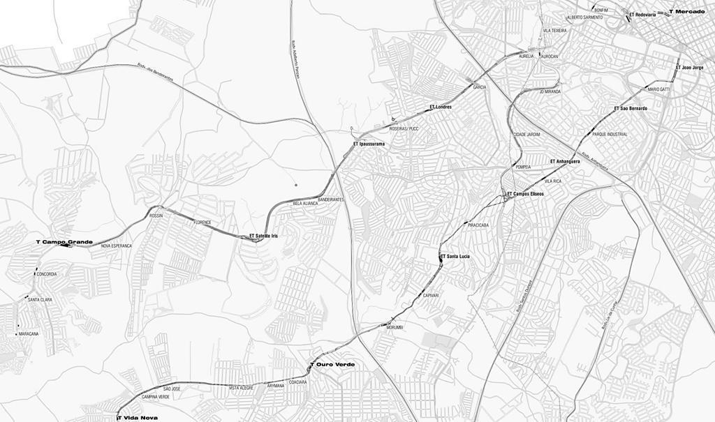 BRT Lote_1 Trecho 1 Corredor Campo Grande e Corredor Perimetral Lote_2 Trechos 2, 3 e 4 Corredor Campo Grande Inicia no Terminal Mercado, segue pelo antigo leito do VLT até a Estação Campos Elíseos.