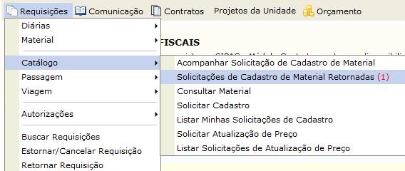 3. Solicitações de Cadastro de Material Retornadas SIPAC Módulo de Catálogo de