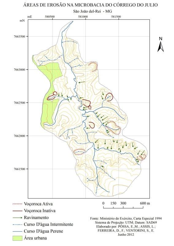 4. Situação da Bacia da Bacia do Córrego do Júlio: Resultados e Análises O cruzamento dos dados da Carta de Drenagem com o Mapa de erosão (figura 4) indicou a existência de significativos processos