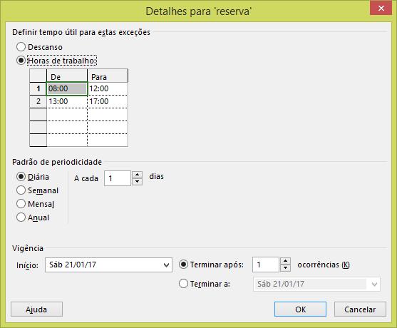 5)Alterando dias não úteis para uteis. Selecione o dia, coloque um texto na exceção e quando habilitar clique em Detalhes, ao lado direito.