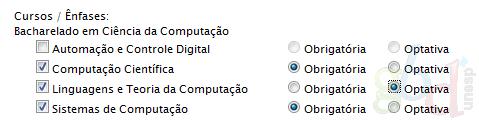 Editar disciplinas Figura 16: Definir Ênfase As disciplinas inseridas aparecem em uma tabela logo abaixo aos campos do cadastro.