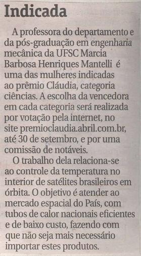 A Notícia Livre Mercado Indicada Engenharia Mecânica / UFSC / Marcia Barbosa Henriques