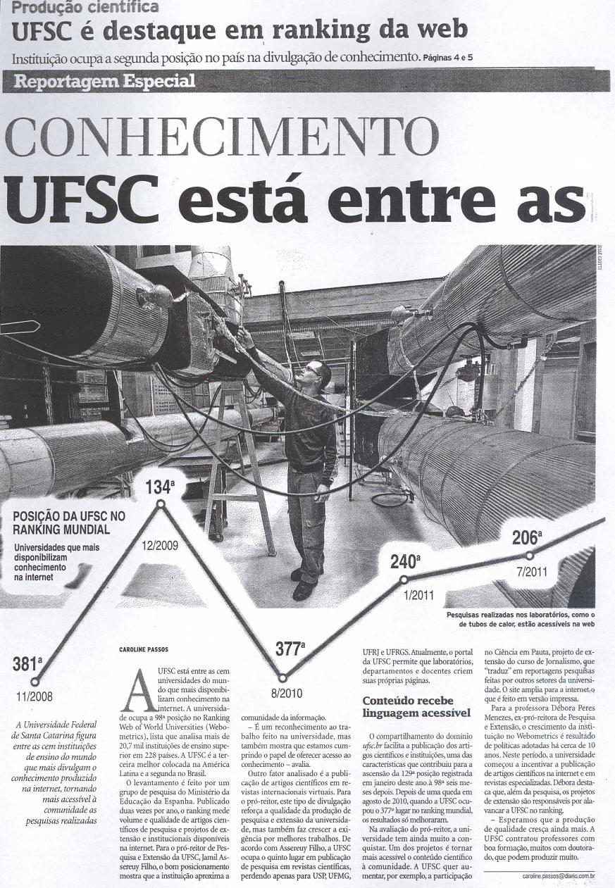 Diário Catarinense - Reportagem Especial Conhecimento: UFSC está entre as que mais divulgam Webometrics Ranking of World Universities / UFSC / Pró-Reitor de Pesquisa e Extensão / Jamil