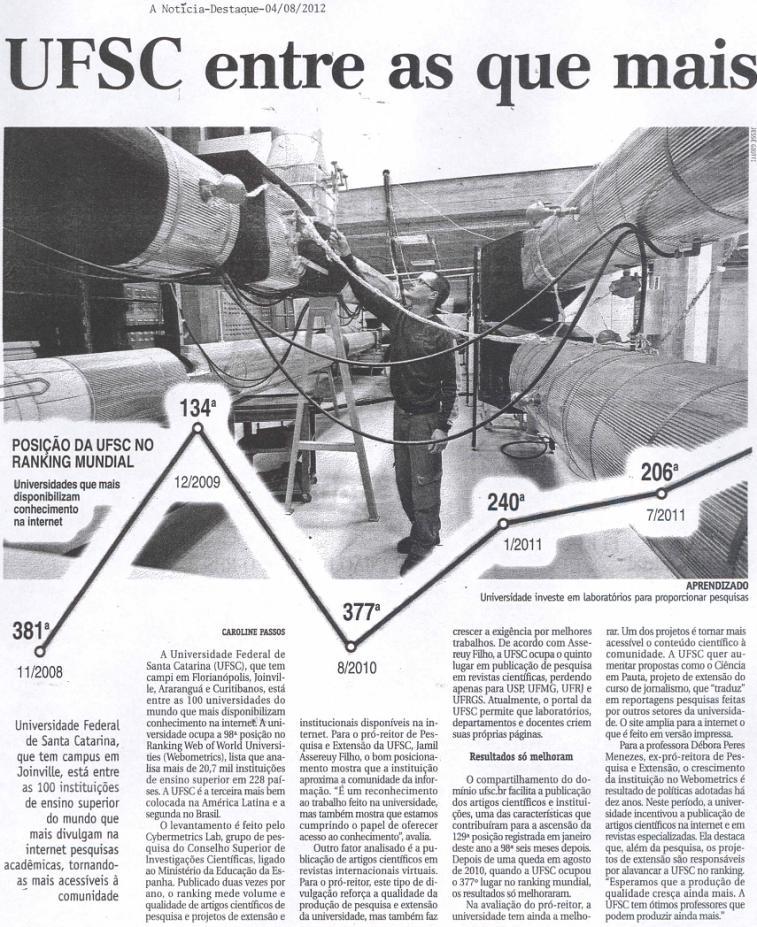 A Notícia - Destaque UFSC entre as que mais divulgam conhecimento Webometrics Ranking of World Universities / UFSC / Pró-Reitor de Pesquisa e Extensão / Jamil Assereuy Filho / Débora