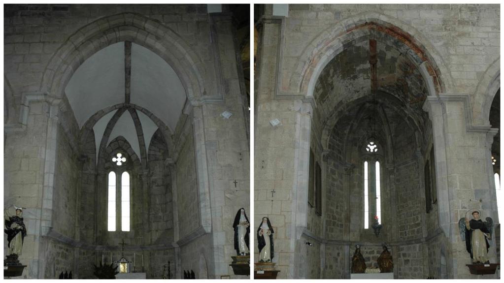 As capelas laterais internas estruturam-se em dois tramos, o primeiro rectangular, e o segundo terminando em abside de três panos revelando uma planta mais elaborada do que nas capelas das igrejas de