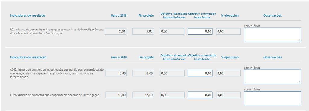 Neste apartado aparecerá, copiado automáticamente desde o próprio formulário, a seguinte informação: Objectivos específicos do projecto: o Actividades associadas a cada objectivo específico: