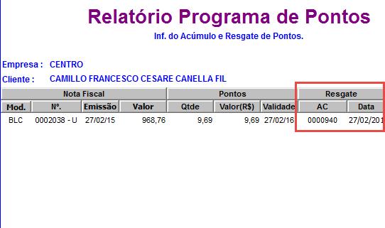 Perceba que é informado o módulo onde ocorreu a venda, nr da Nota Fiscal, valor da venda, quantidade e valor de pontos, validade, Tipo resgate Ad Clientes e data do resgate.