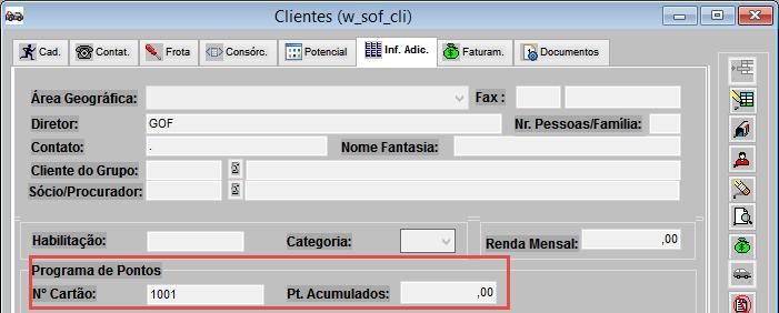 e preencher o nº do cartão no campo Programa de pontos: Nesse exemplo, foi colocado o nr 1001, porém pode ser considerado qualquer critério a ser definido pela concessionária (CPF cliente, código