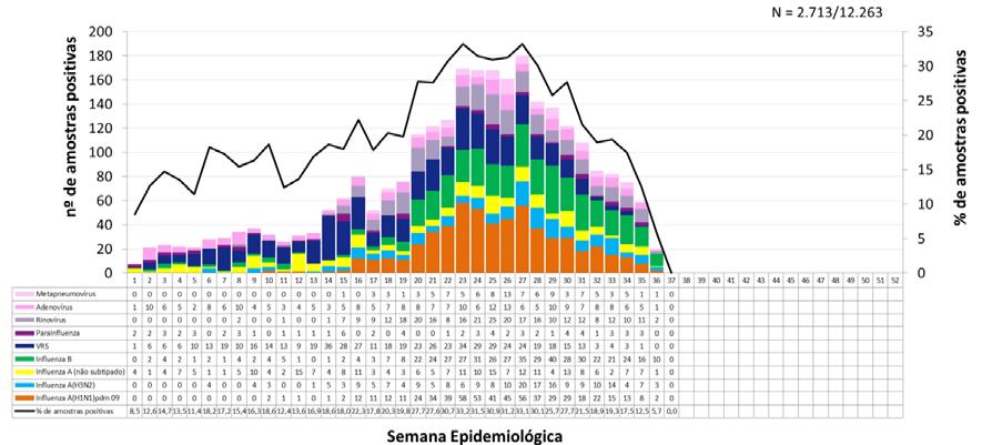 Figura 11. Distribuição dos vírus respiratórios identificados nas unidades sentinelas por semana epidemiológica de início dos sintomas. Brasil, 2013 até a SE 37. Fonte: SIVEP-Gripe.