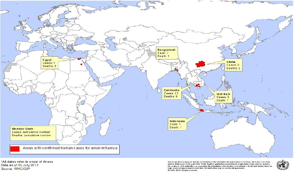 Figura 5. Distribuição do número de casos e óbitos confirmados de Influenza A(H5N1), segundo área geográfica, 2013. Fonte:http://www.who.