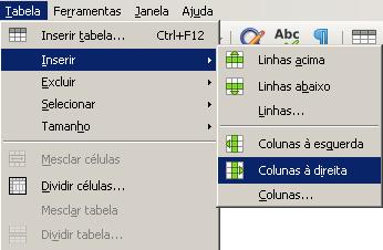 Opção Inserir >> Colunas à esquerda/ direita Insira uma