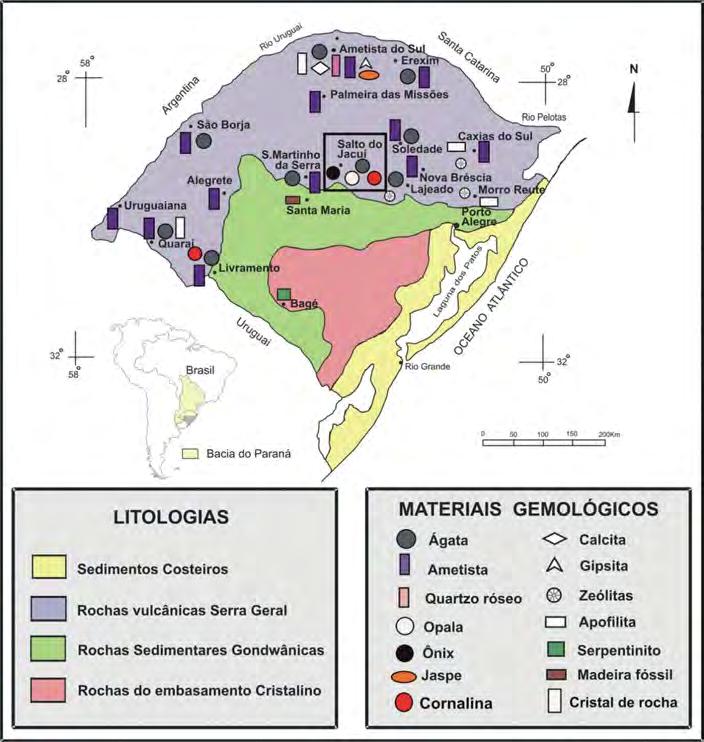 Capítulo 3 Opala no RS Figura 1 Mapa gemológico do Rio Grande do Sul indicando os principais depósitos de gemas e seu