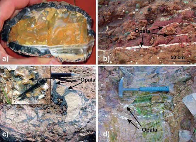 Figura 3 Ocorrências de opala: a) opala amarela preenchendo um geodo, associada à ágata; b) opala branca leitosa em fraturas da