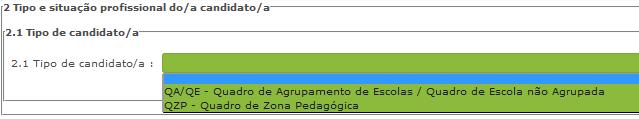 3.1.2 Situação Profissional do Candidato A candidatura irá iniciar-se com o preenchimento obrigatório do campo 2.1, Tipo de Candidato. Imagem 6 Tipo de Candidato No campo 2.